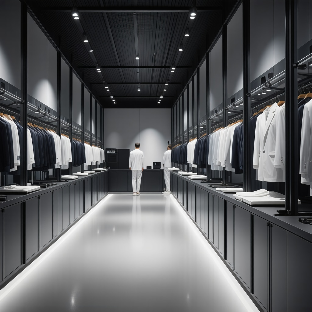 High-tech textile laboratory with eco-friendly suit cleaning solvents and AI scheduling systems