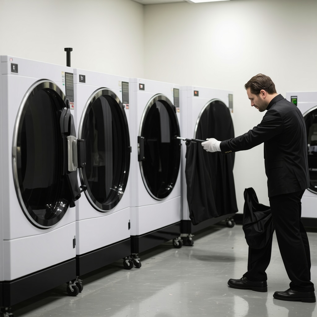 Technicians operating modern eco-friendly dry cleaning machines with suits in a Palm Harbor facility