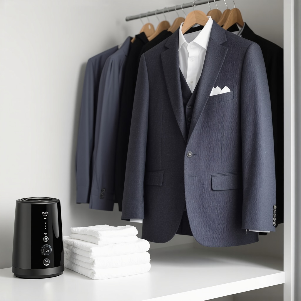 Suit hanging with moisture absorbers and steamer in a ventilated closet for humidity protection