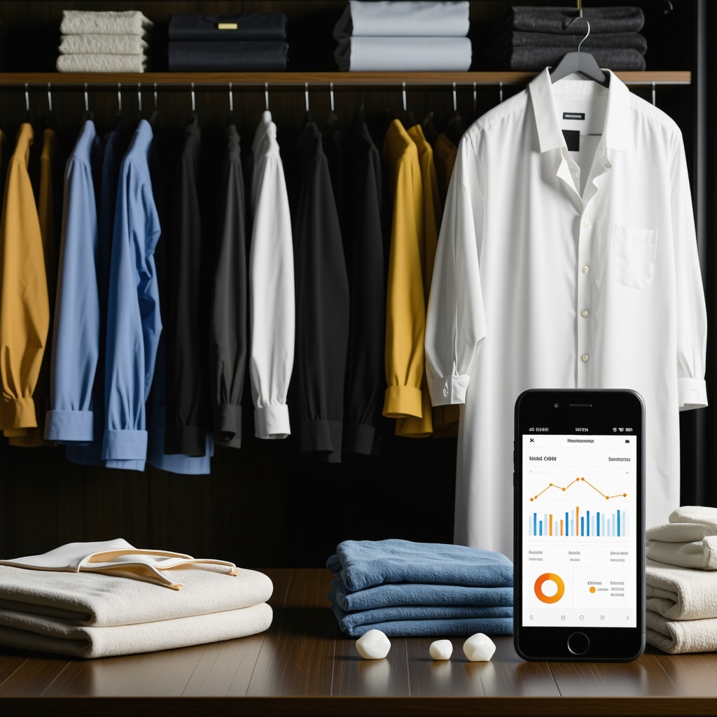 High-tech garment preservation accessories alongside smartphone fabric condition app in humid environment