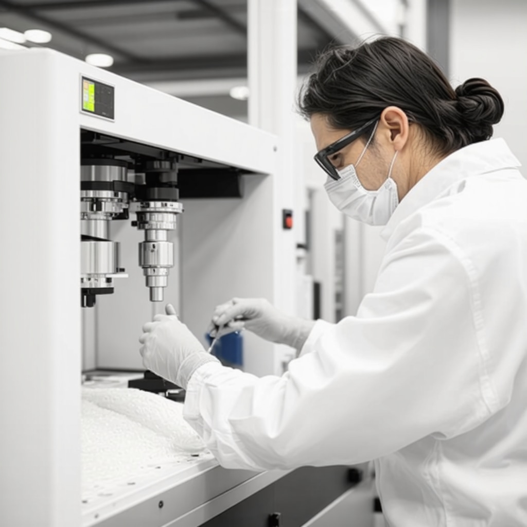 Professionals analyzing innovative suit fabrics with eco-friendly cleaning solvents in a textile lab