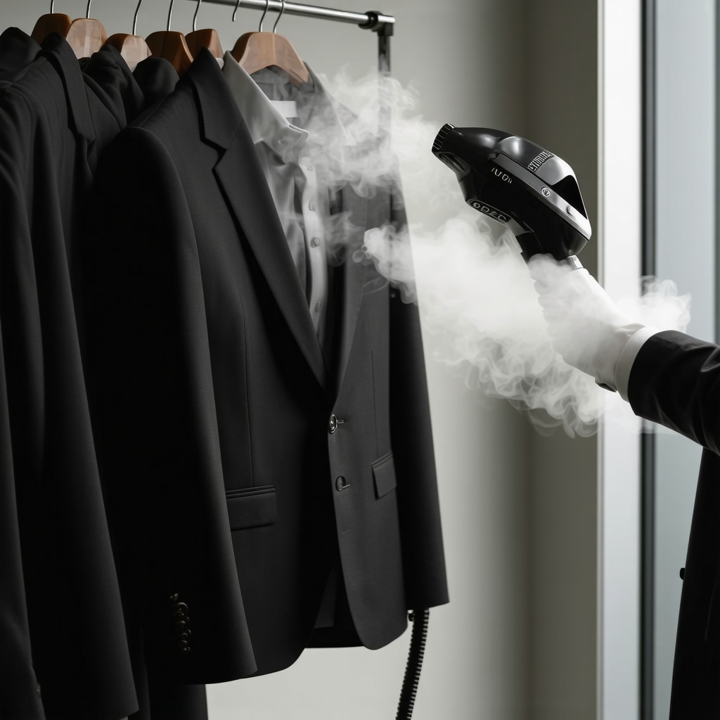 Professional garment steamer with adjustable settings treating a luxury wool-polyester blend suit fabric in Tampa Bay lab