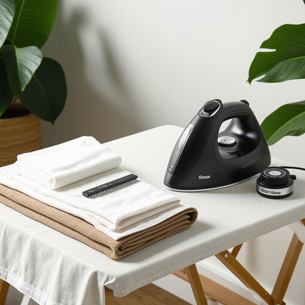 High-end steam iron, tailor's clapper, sleeve board, humidity meter, and natural pressing cloths on ironing board in eco-friendly home setting