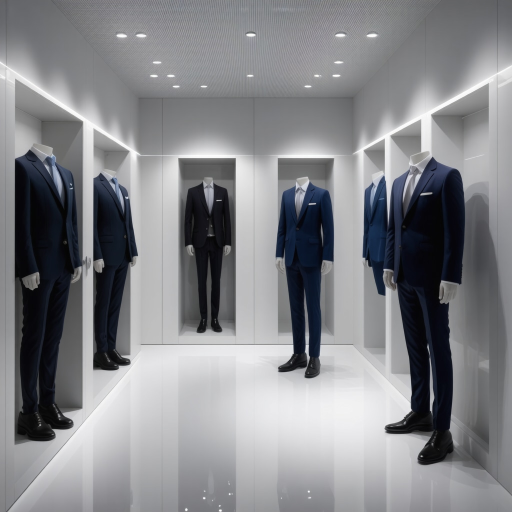 High-tech dry cleaning facility showing AI-driven fabric care and climate-controlled environment for suits