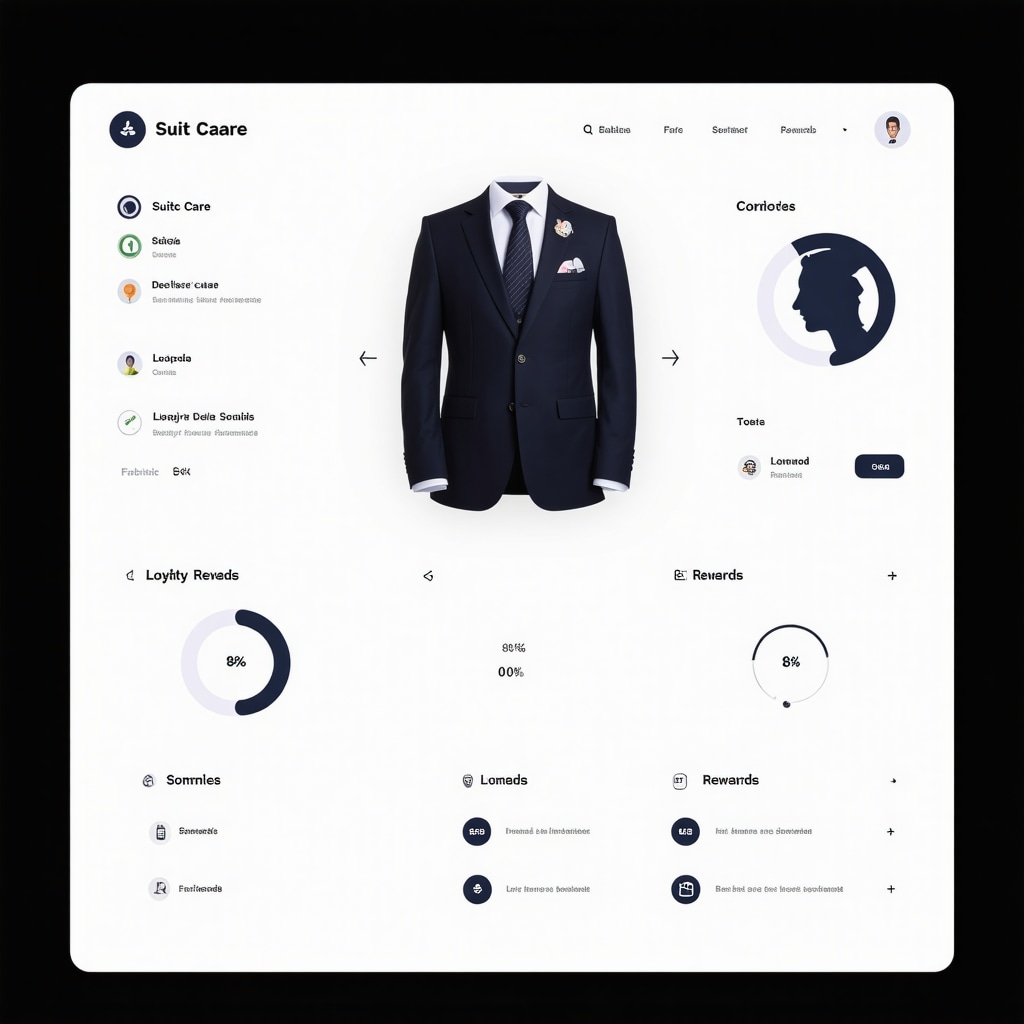 Dashboard showing suit care data and loyalty program rewards with fabric and eco-friendly icons