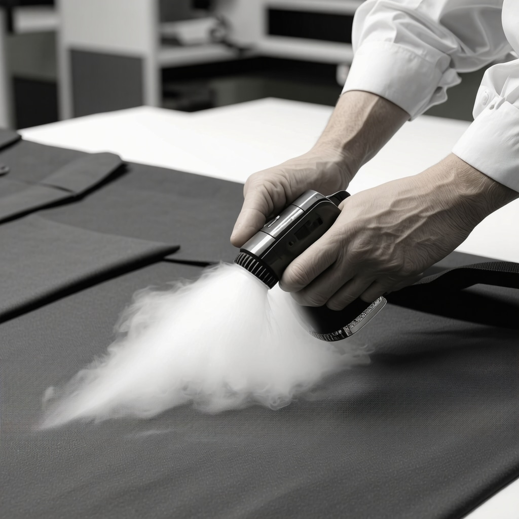 Technician applying stain proofing to wool suit fabric with electrostatic spray in laboratory