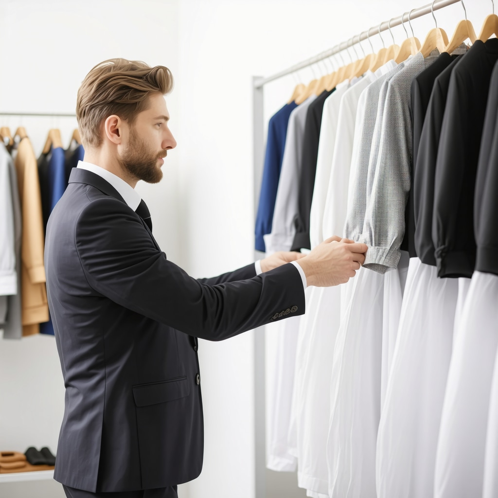 Suit care specialist inspecting fabric swatches with eco-friendly cleaning solvents and garment bags