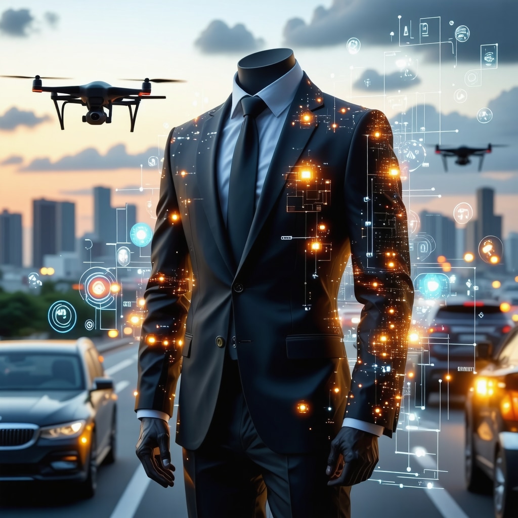 Professional suit embedded with fabric sensors displaying real-time health data, integrated with Tampa smart city technologies