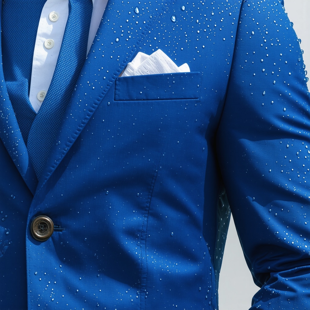 Close-up of suit fabric showing nanotechnology water-repellent and antimicrobial properties in humid environment