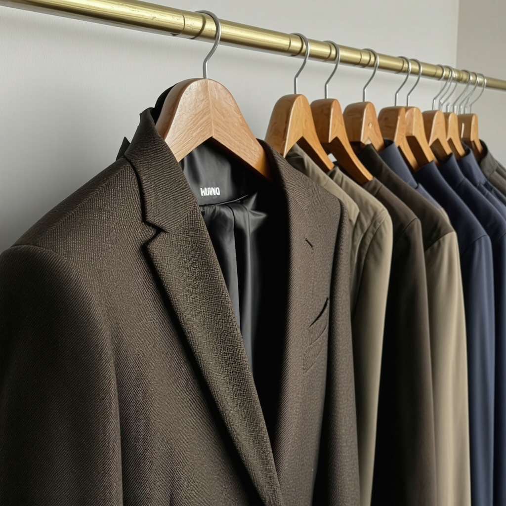 Close-up of luxury suit with leather trim on padded hanger in airy closet