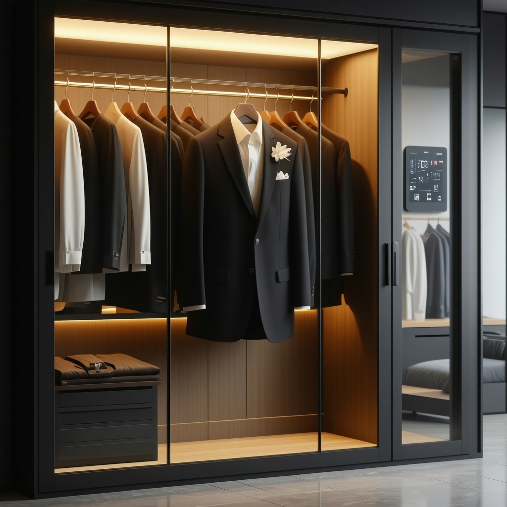 Wedding suit stored in a microclimate-controlled transparent enclosure with digital humidity and temperature displays