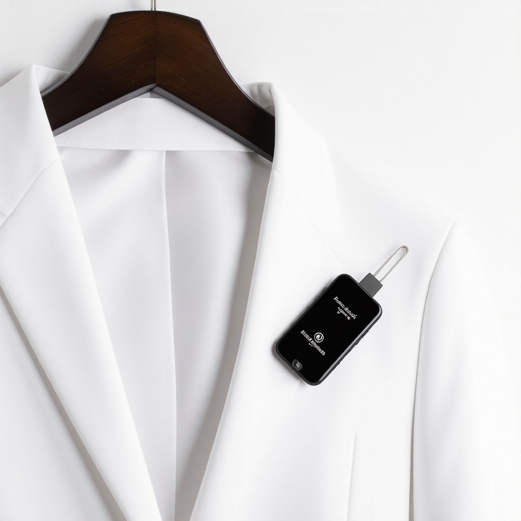 Microscopic view of white suit fibers with attached smart sensor device