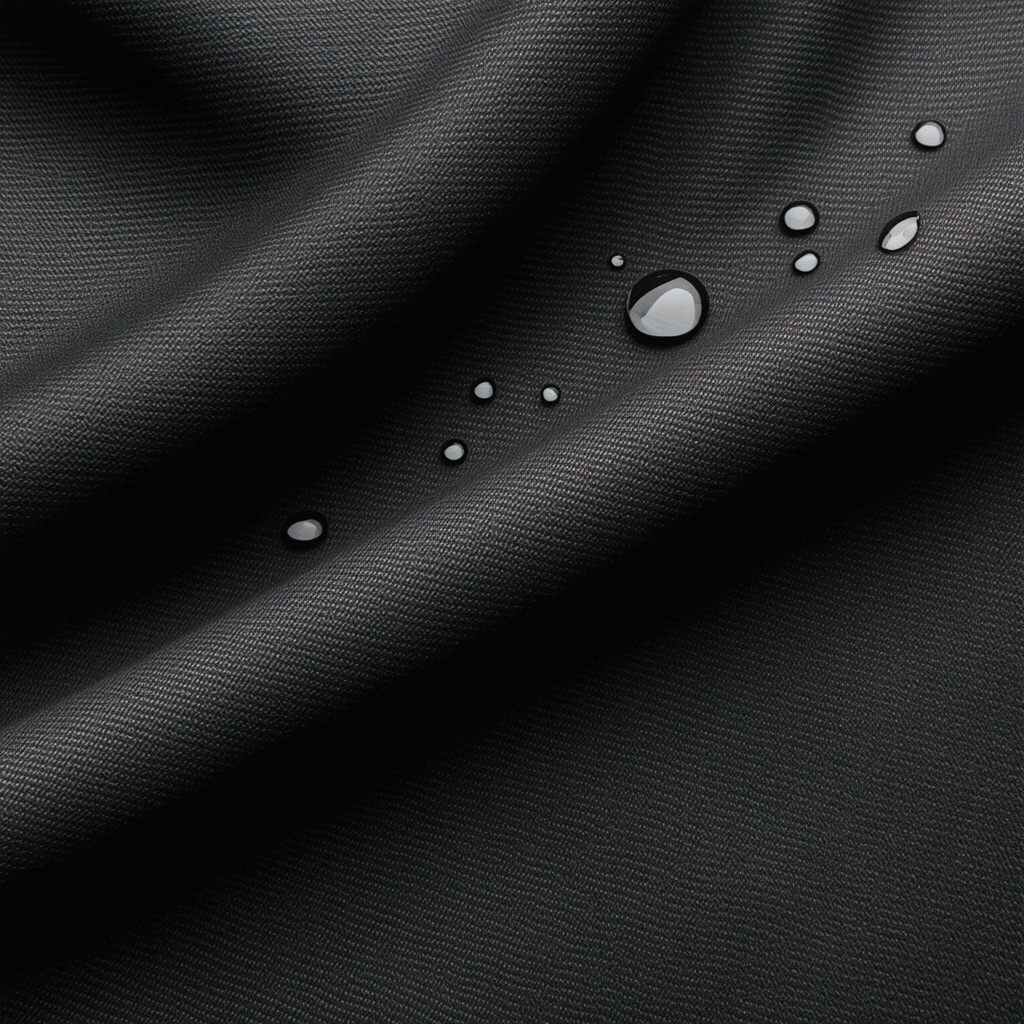 Microscopic image showing enzymatic cleaner droplets and nanotechnology stain-resistant coating on luxury suit fabric