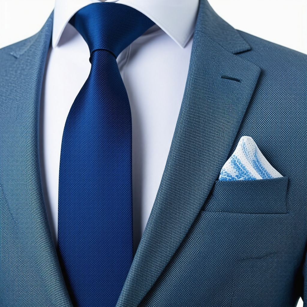 Close-up on wool travel suit with nanotech fabric protection and eco-friendly dry cleaning setup