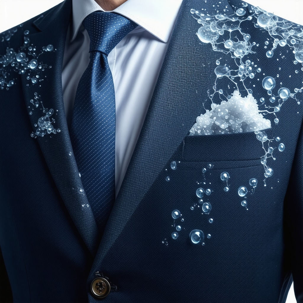Close-up of wool travel suit fabric with nanotechnology protection illustration
