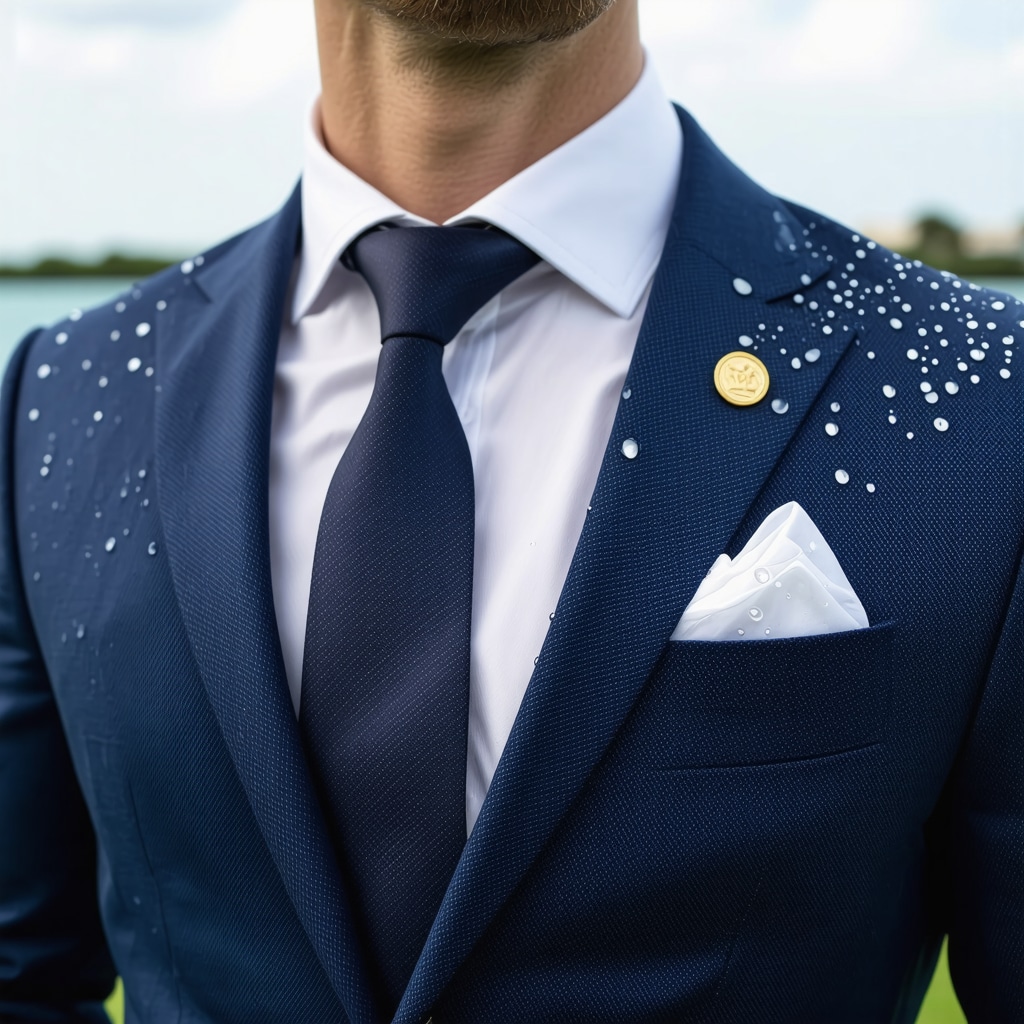 Close-up of a luxury men's suit fabric with nanotechnology water-repellent coating in Tampa Bay coastal environment