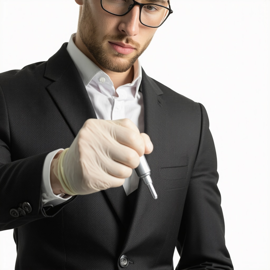 Technician using micro-spotting device to apply stain remover on wool-silk blend suit