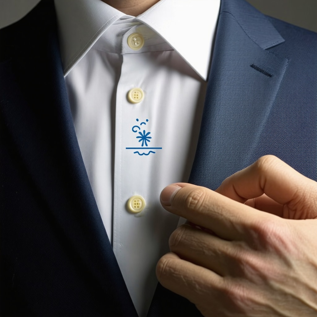 Dry cleaner inspecting suit care label with climate icons representing Tampa Bay humidity considerations