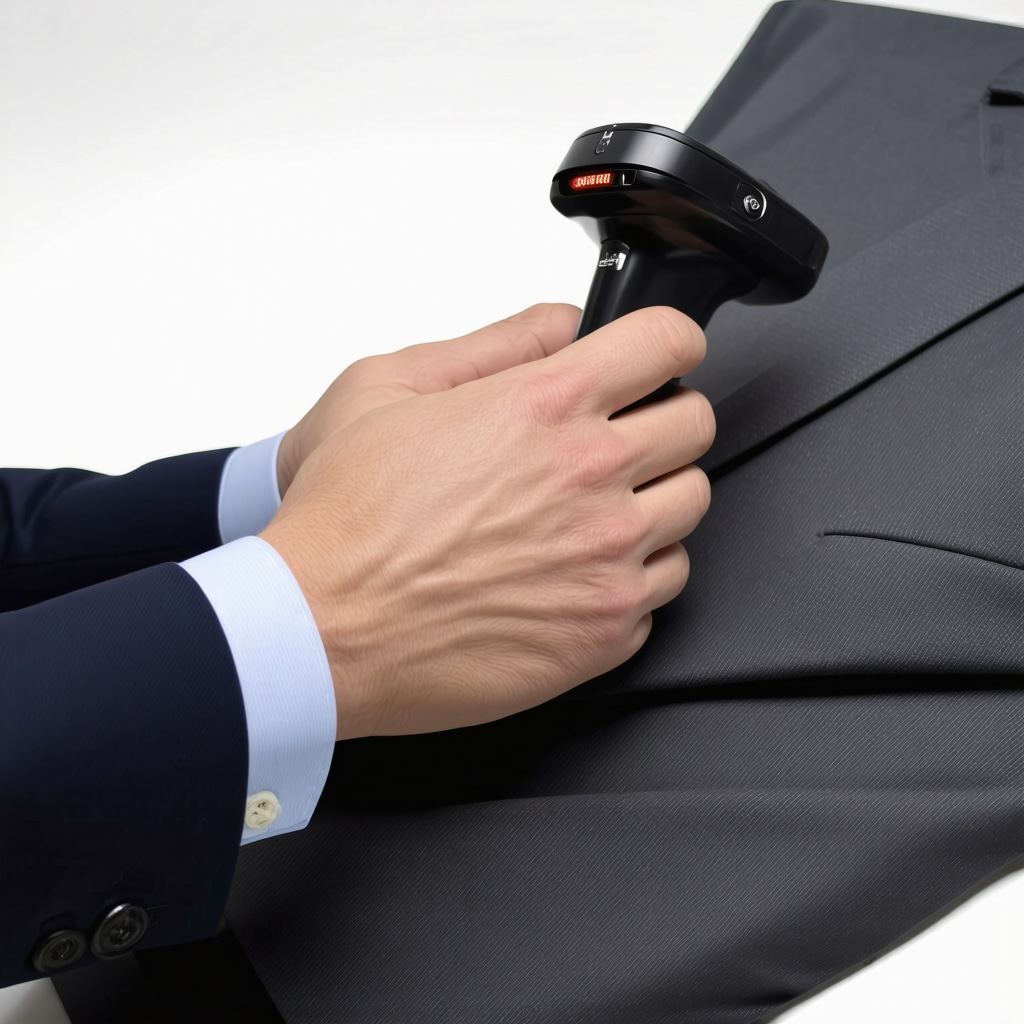 Professional using smart fabric scanner on wool suit for stain detection