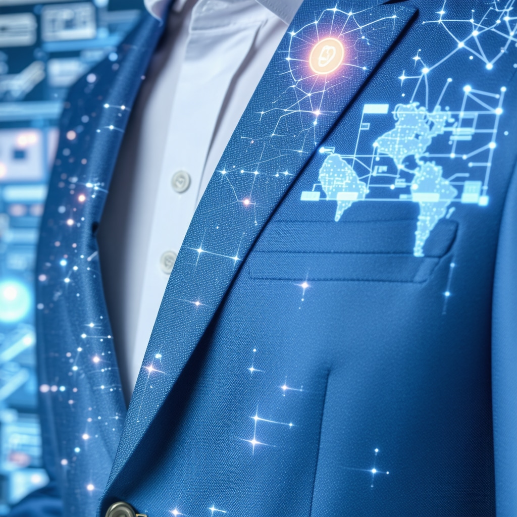 Close-up of suit fabric with embedded micro-sensors and nano-coatings for advanced garment care