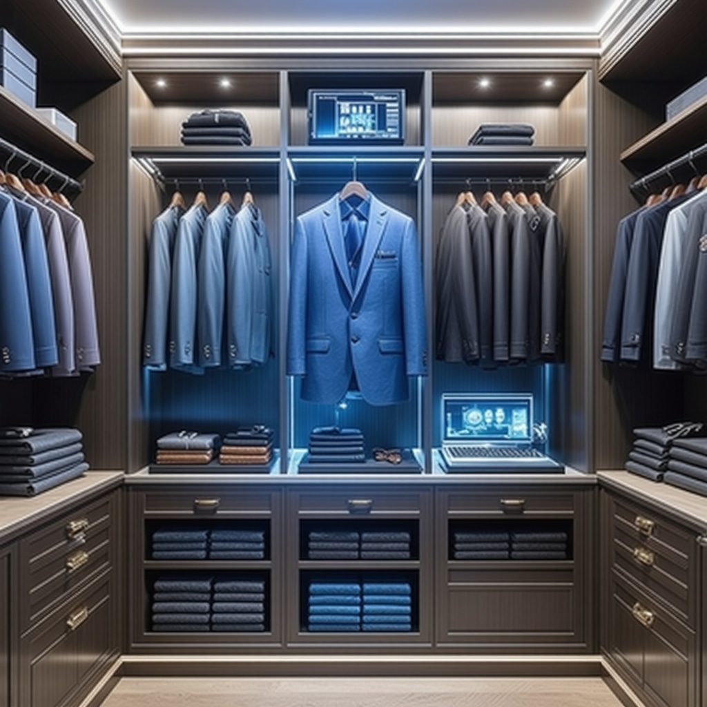 Advanced smart wardrobe closet designed for wrinkle prevention and fabric care of luxury suits