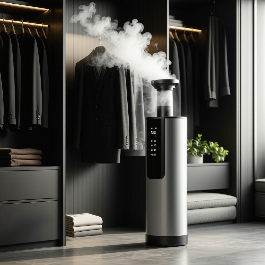 Smart garment steamer with fabric sensor steaming a wool suit in closet