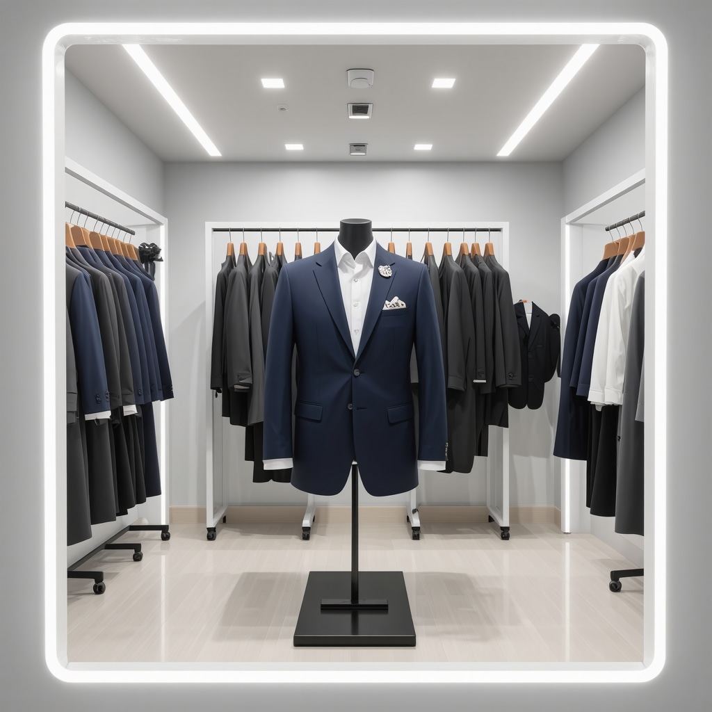 Modern suit care facility with AI fabric analysis and precision pressing machines handling luxury suits