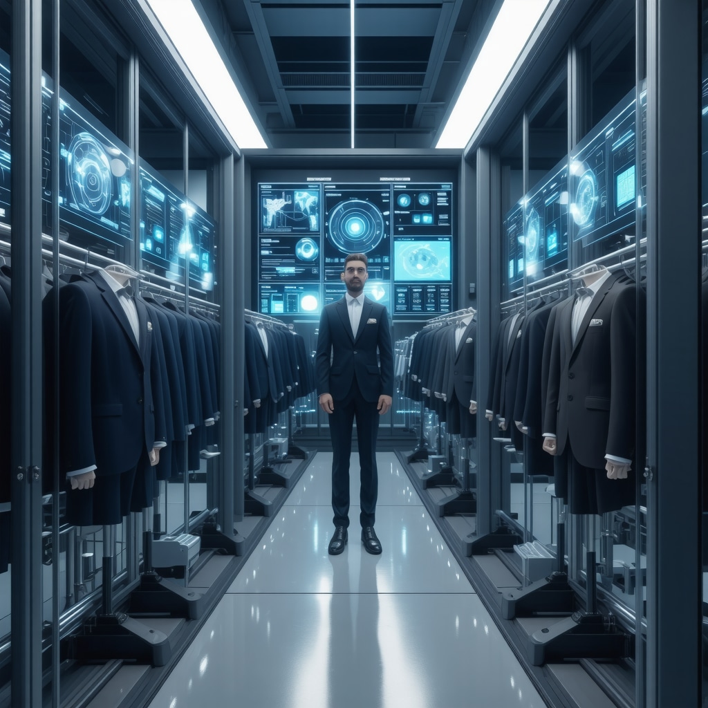 Robotic arms and digital analytics screens managing premium suit cleaning in Tampa Bay