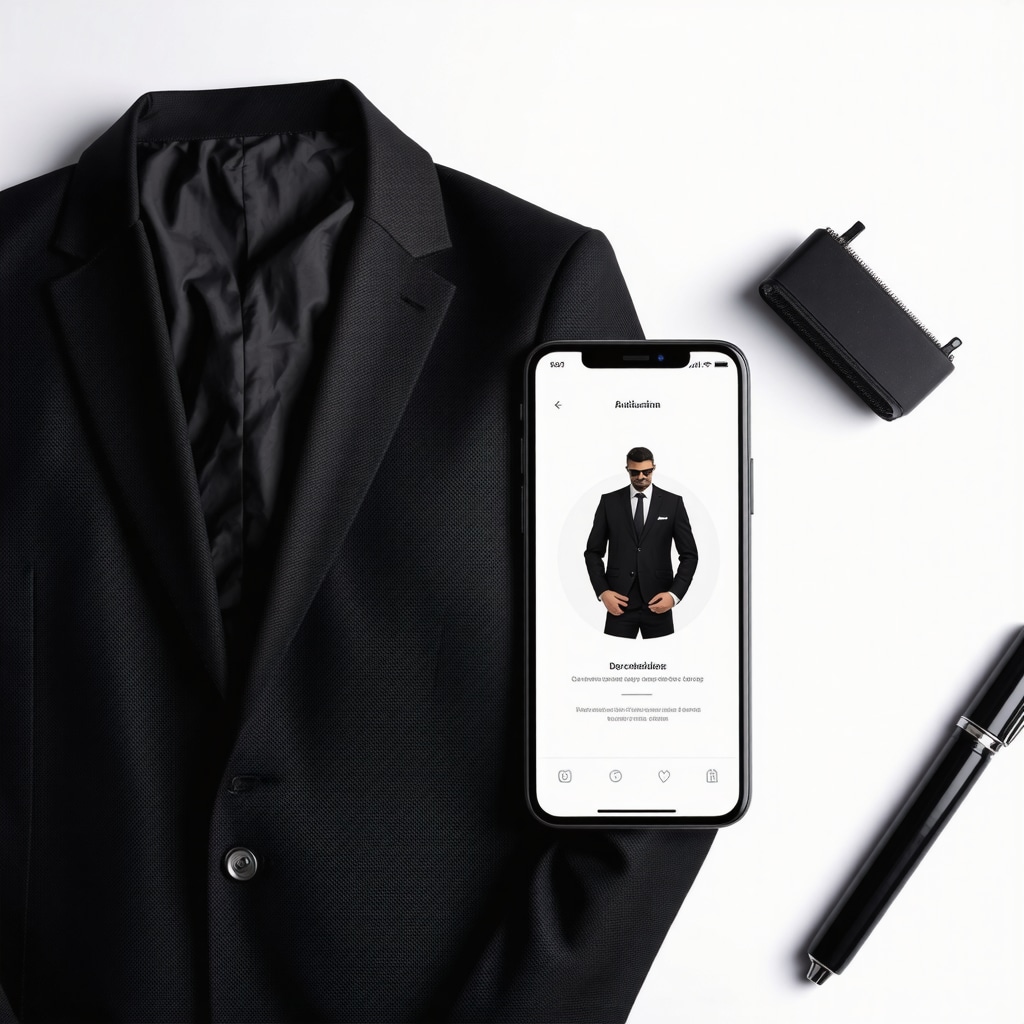Smartphone displaying AI-powered scheduling for pressed suit delivery alongside a freshly pressed wool suit and green cleaning tools
