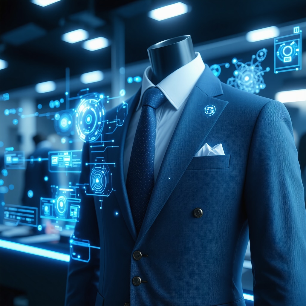Digital AI interface analyzing wool suit fabric with humidity sensors and nano-coating process in Tampa dry cleaning facility
