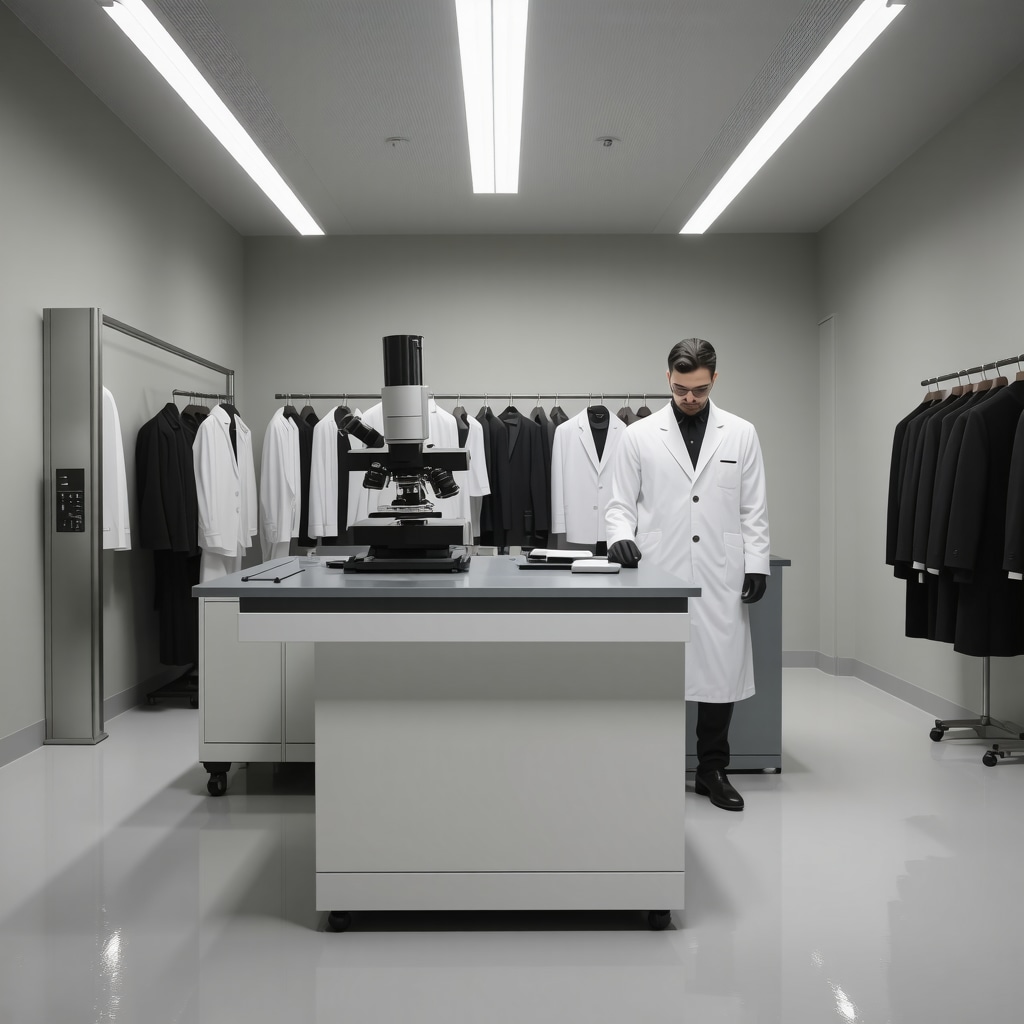 High-tech dry cleaning lab with AI microscopes analyzing luxury suit fabrics for optimized care