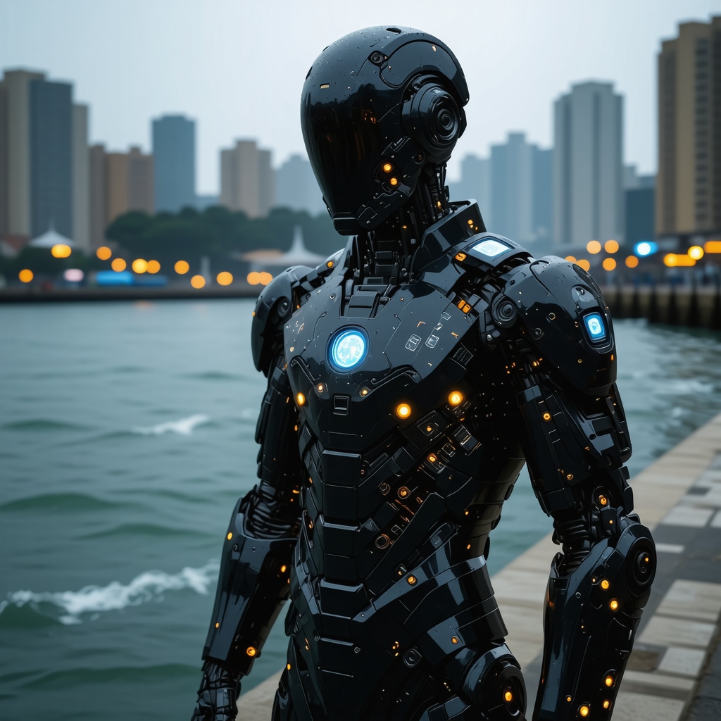 Futuristic suit with digital overlays representing AI and nanotechnology fabric protection in Tampa Bay's coastal climate