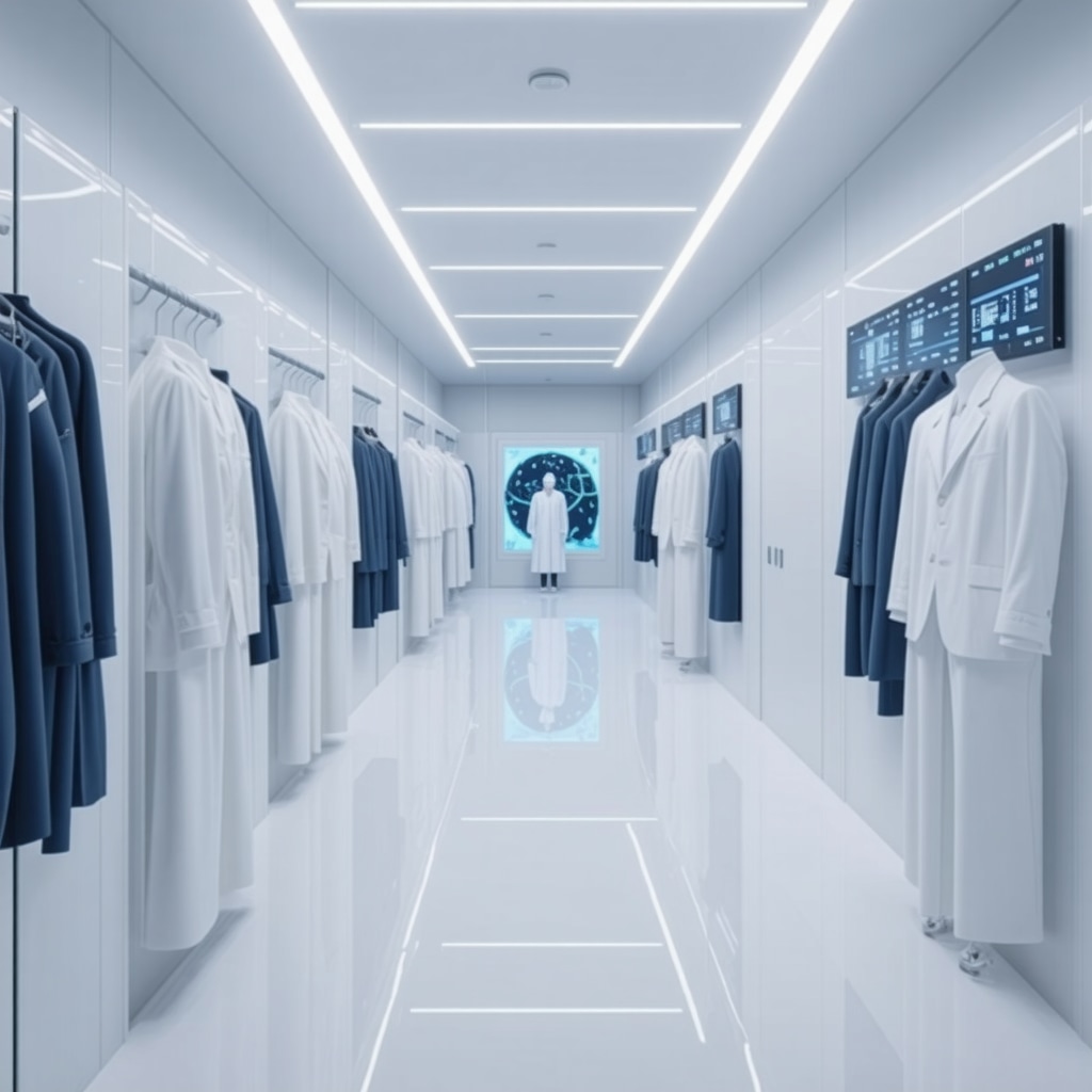 Modern suit cleaning facility using AI diagnostics and nanotech fabric treatments with eco-friendly elements