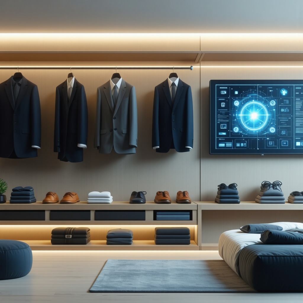 Futuristic smart closet showing AI diagnostics and quantum computing icons for suit maintenance