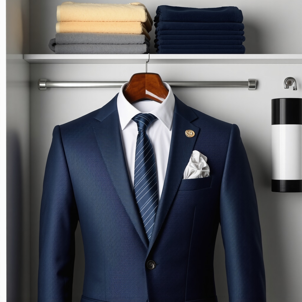 2-piece wool suit in humidity-controlled closet alongside ozone treatment and microfiber cleaning tools