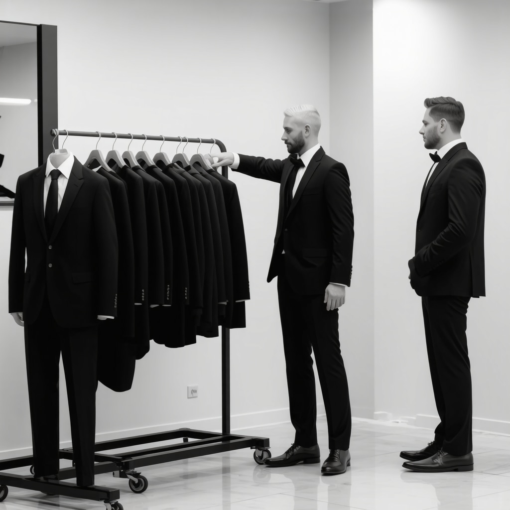 Technicians using AI fabric analysis machines to clean tuxedos with satin lapels and metallic buttons in a modern Tampa dry cleaning facility