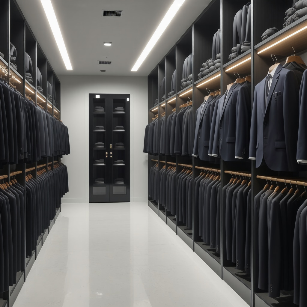 Interior of modern dry cleaning facility showcasing AI technology, eco-friendly solvents, and climate-controlled suit storage with cedar hangers