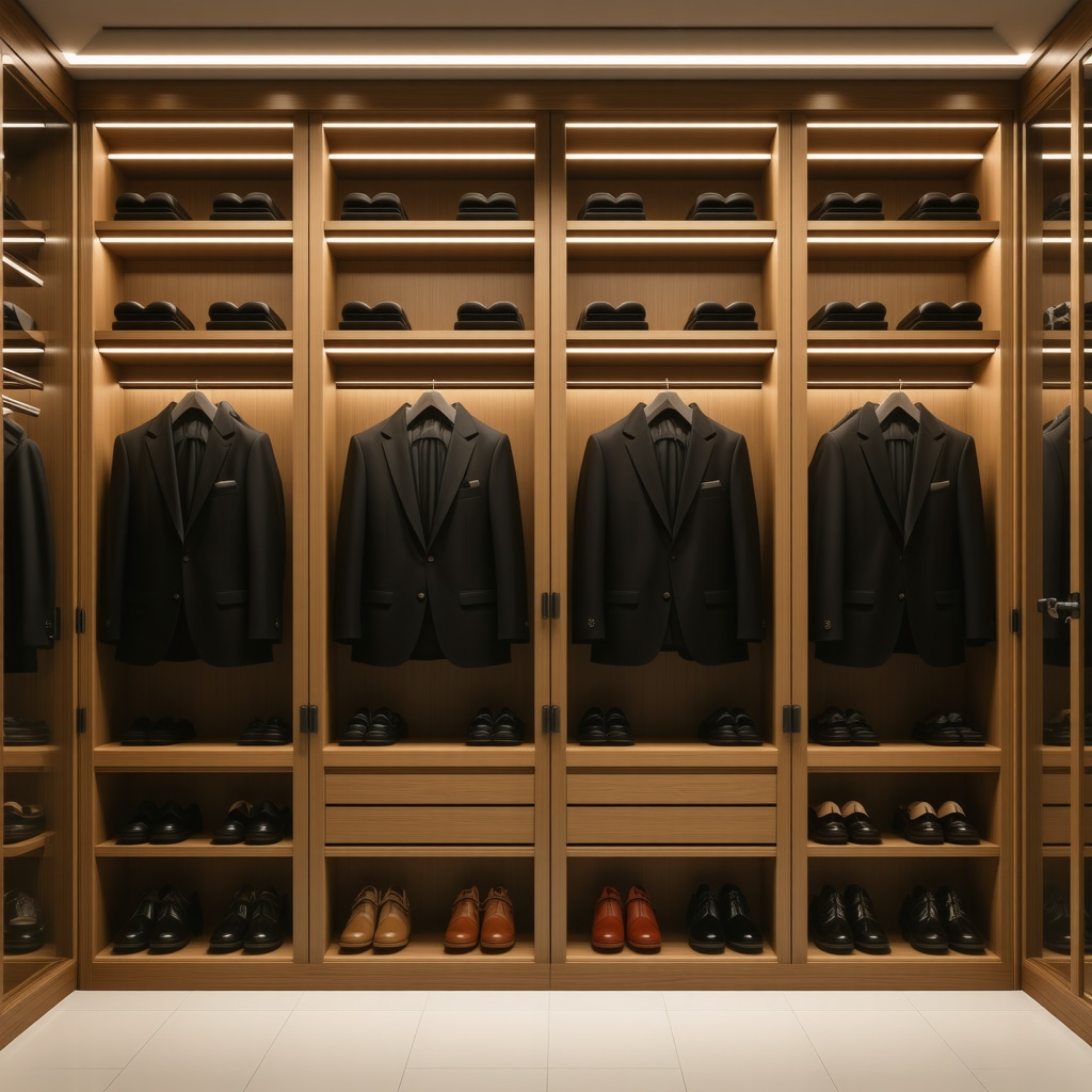 Climate-controlled tuxedo storage closet with cedar lining and humidity sensors preserving formalwear