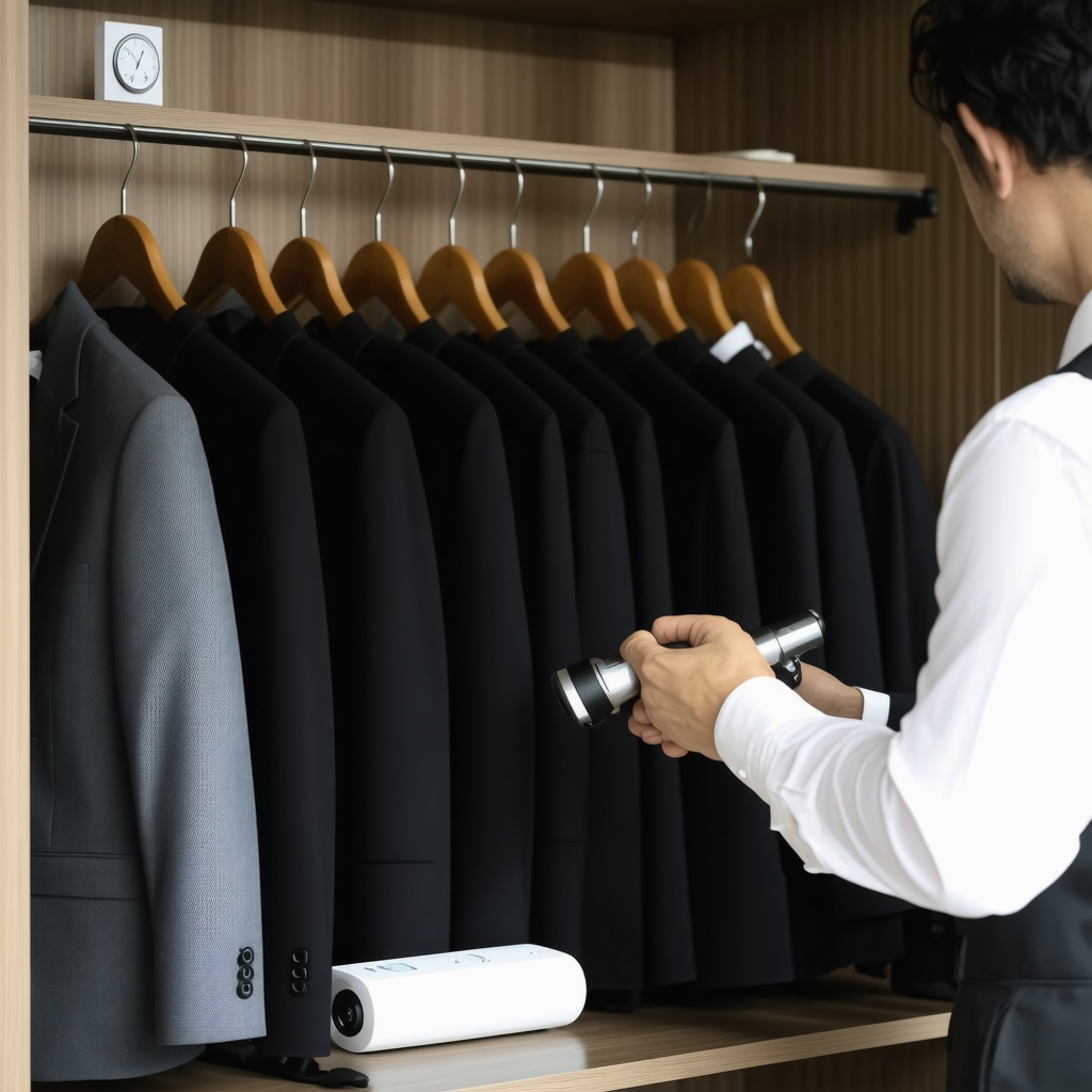 Smart wardrobe with climate control, cedar-lined hangers, and portable fabric steamer for suit maintenance in Tampa Bay