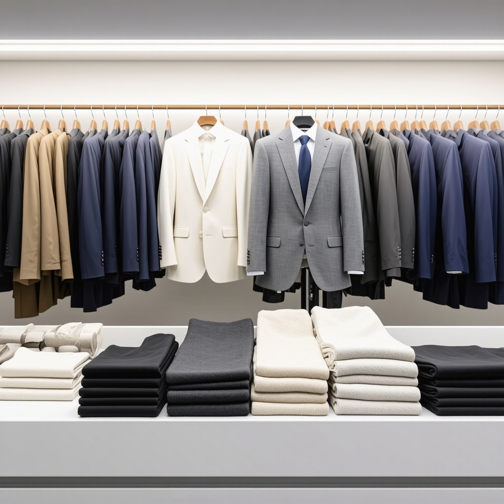 Interior of a high-tech suit cleaning facility with digital screens and climate-controlled storage for wedding suits