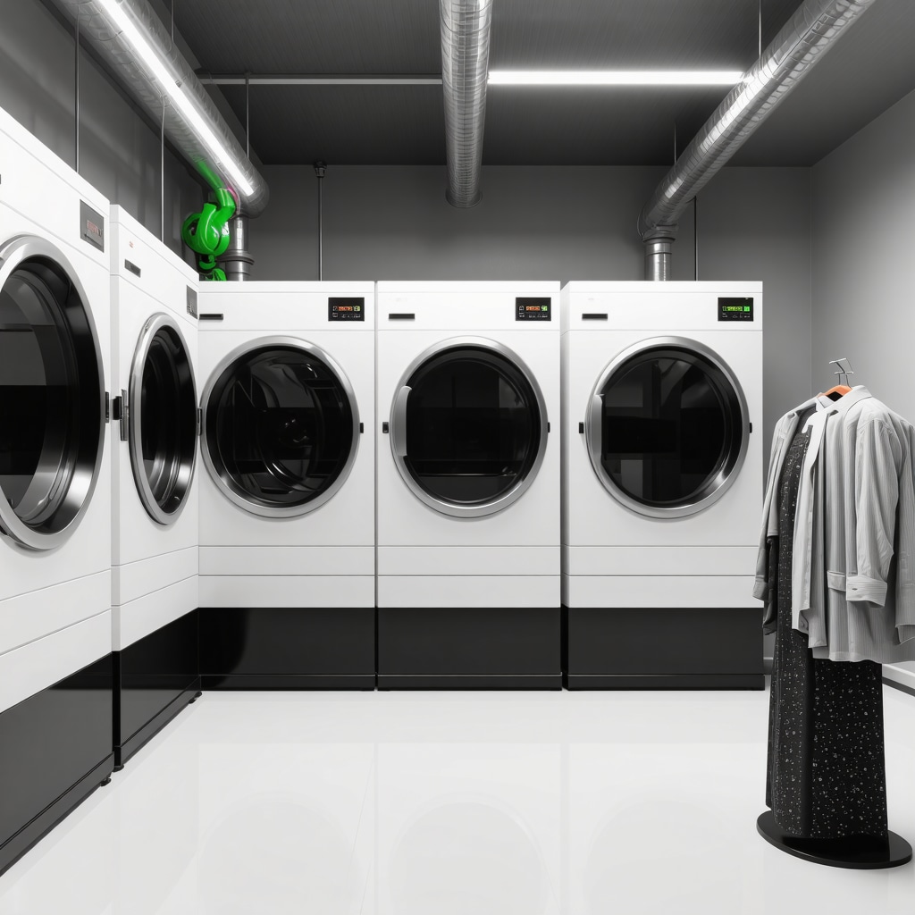 Modern dry cleaning plant using AI and enzymatic green solvents for sustainable suit cleaning