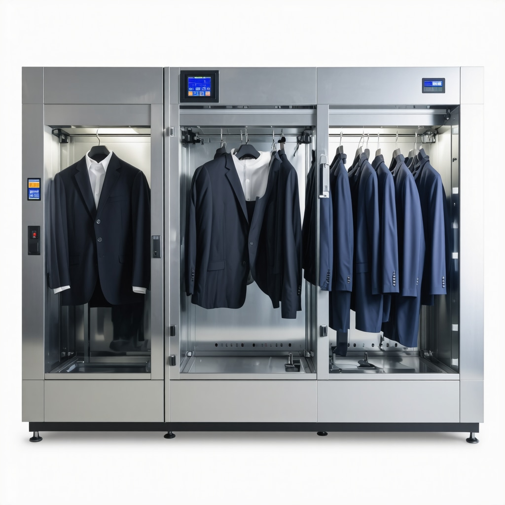 Modern dry cleaning equipment processing suit jackets and pants with eco-friendly solvents in Tampa Bay