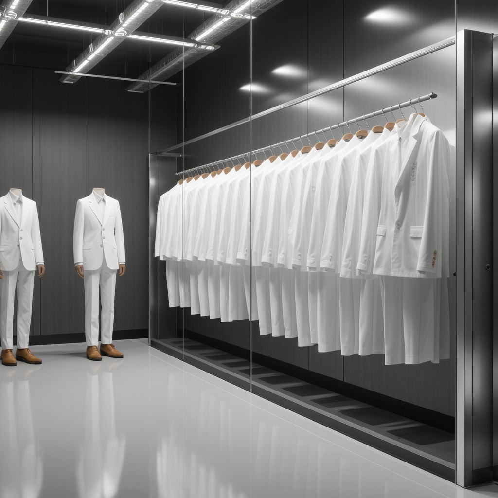 Dry cleaning facility with AI diagnostics and nanotechnology fabric treatment for white suits