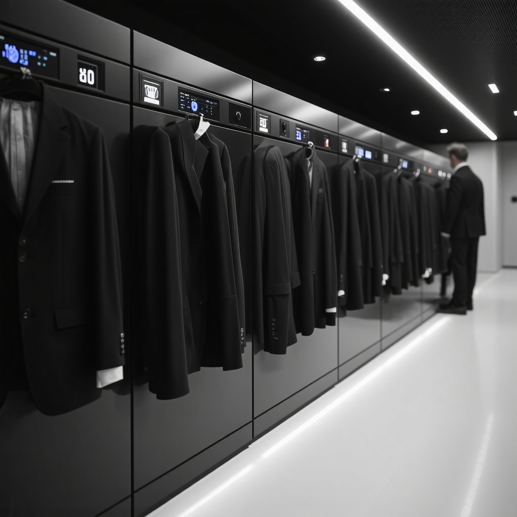 Modern dry cleaning machines equipped with AI and IoT sensors treating suits with precision