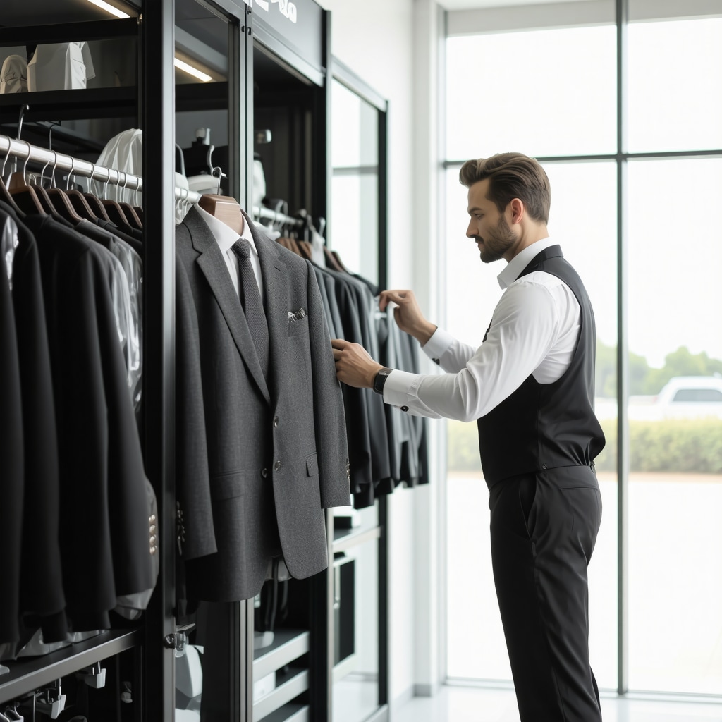 Modern dry cleaning facility with advanced pressing machines and eco-friendly solvents handling a luxury wool suit