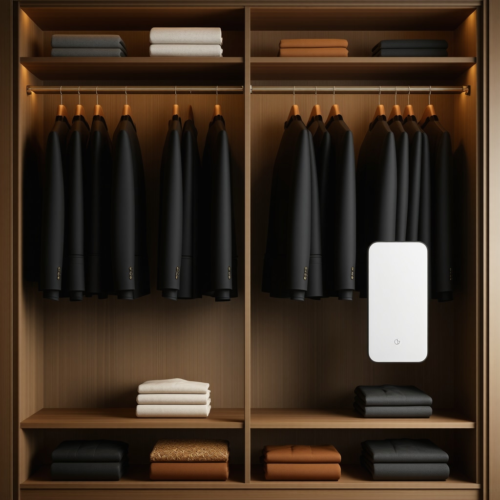 Cedar-lined wardrobe with wooden hangers, natural sachets, and smart humidity sensor for eco-friendly suit storage