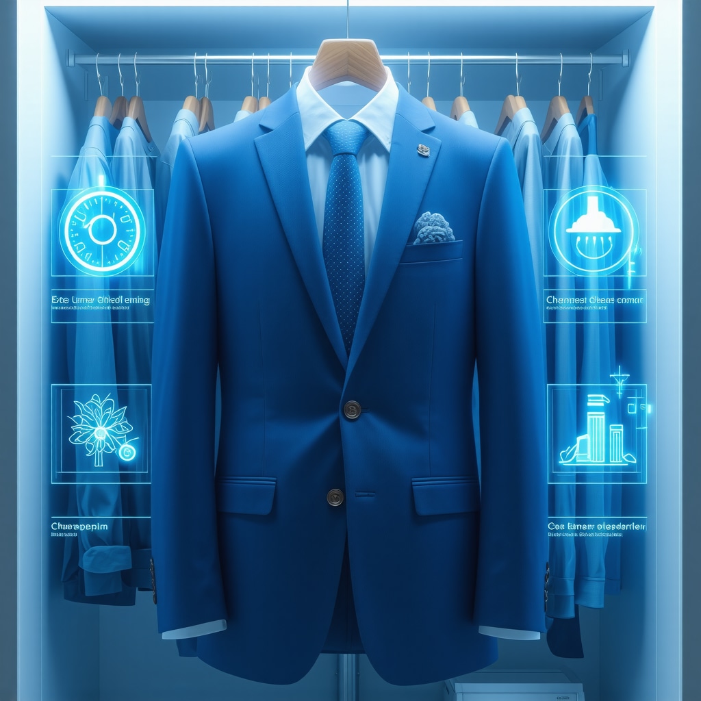Executive suit in climate-controlled wardrobe with digital maintenance overlay