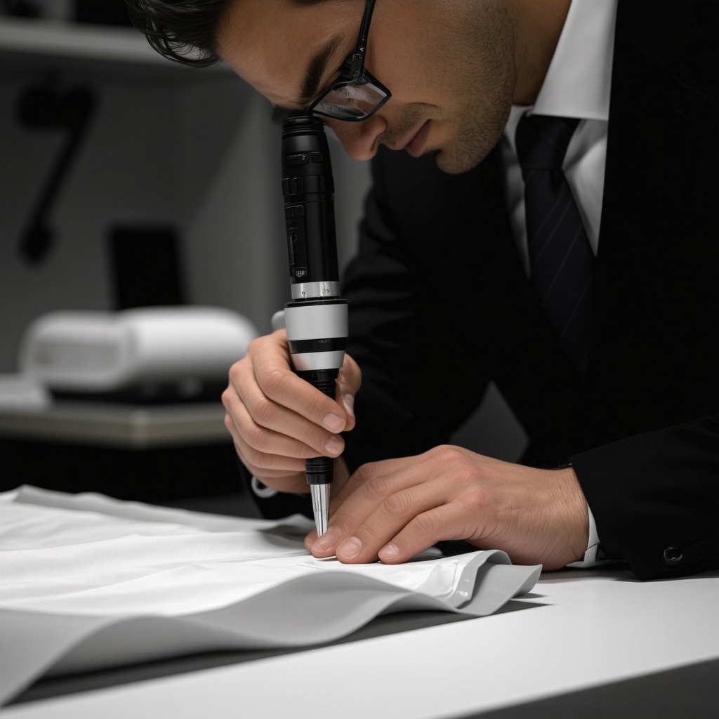 Technician examining wedding suit fabric under magnification in a cleaning lab
