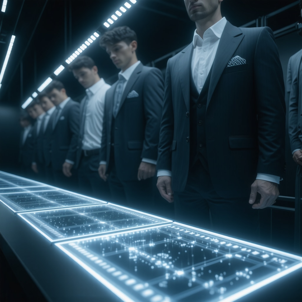 Laboratory with AI screens and sensor-equipped suits undergoing precision fabric care tests