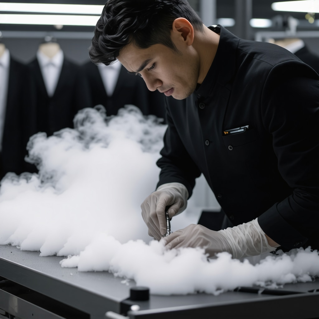 Technician operating liquid carbon dioxide cleaning machine on luxury suits